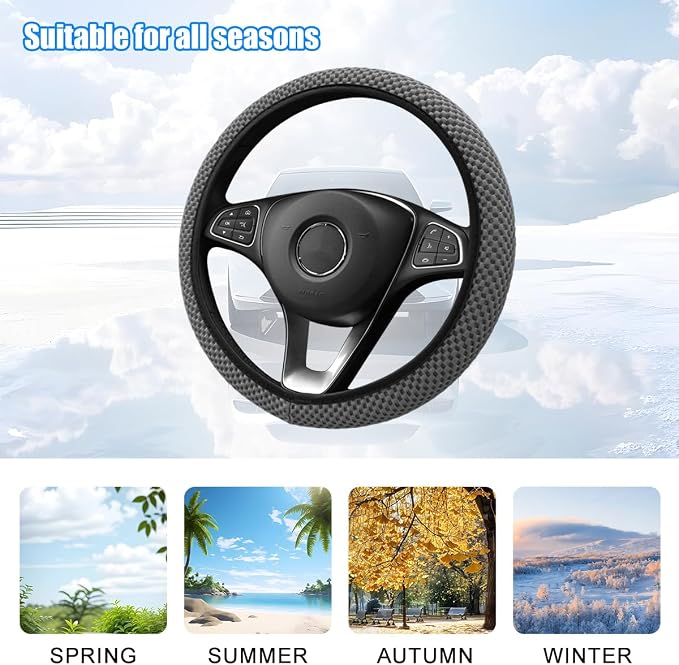 Car Elastic Stretch Steering Wheel Cover, 14.5-15" Breathable Ice Silk Anti-Slip Vehicle Steering Wheel Protector, Comfy Auto Interior Protection Accessories, Universal Fit (Gray)