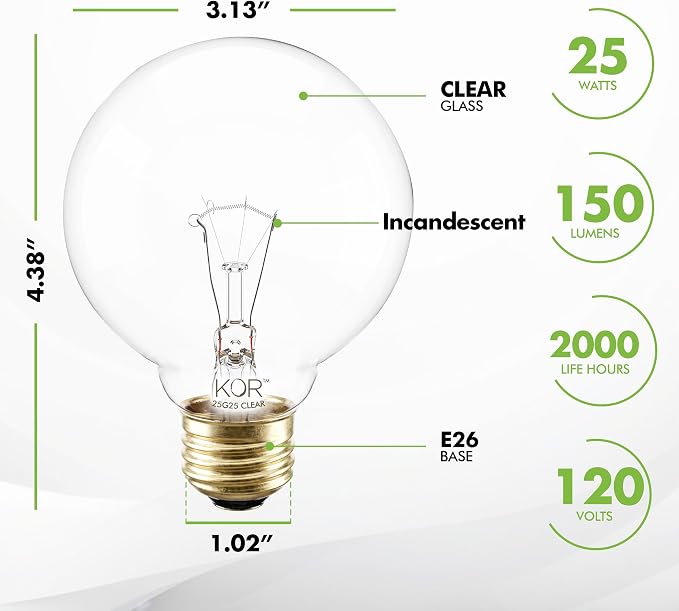 (4 Pack) G25 Globe Light Bulbs – 25W Incandescent, 2700K Soft White, E26 Base, Dimmable – Crystal Clear Vanity Bulbs for Bathroom, Mirror, Pendant Fixtures