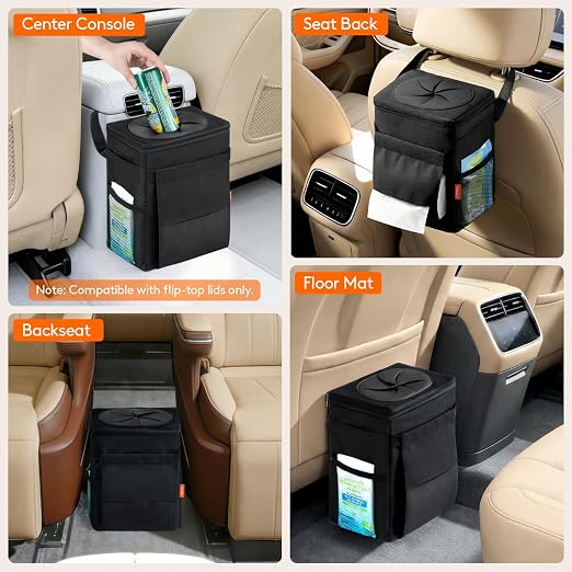 Lifewit Car Trash Bin, 2 Gallon Leakproof Waterproof Vehicle Garbage Can with Lid & Tissue Holder, Car Interior Organizer for Front/Back/Console, Automotive Accessory, Black