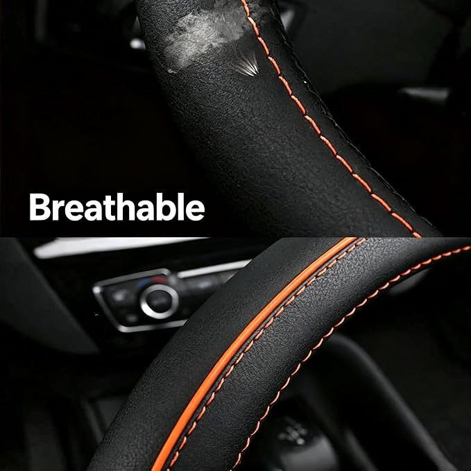 SHIAWASENA Auto Car Steering Wheel Cover, Universal 15 Inch Fit, Soft Leather, Breathable Anti Slip (Black&Orange)
