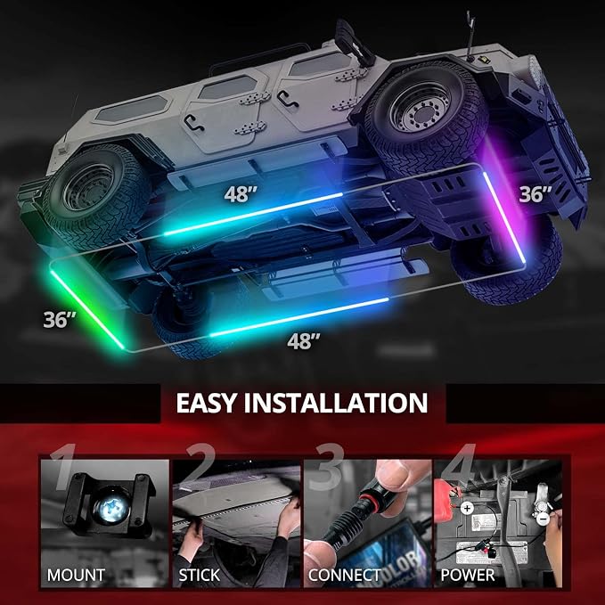 OPT7 Aura DreamColor Underglow Chasing Light Kit with APP & Remote Control | Rainbow Light Effects, RGB-IC LED Strips, 12V Neon Accent Lighting, Waterproof Exterior Underbody Accessories, Universal Fit