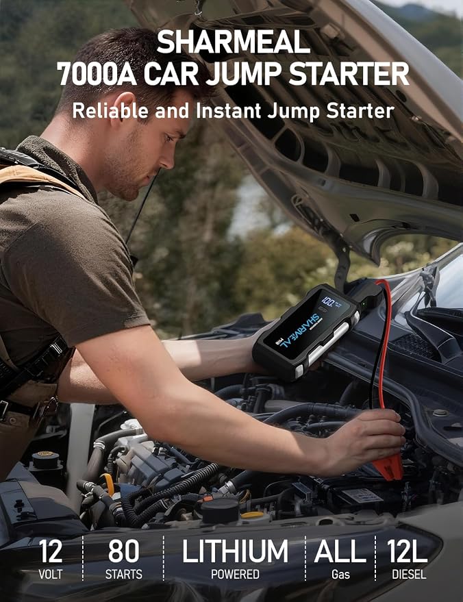 Sharmeal Jump Starter 7000A, 12V Car Battery Jump Starter with USB Quick Charge (Up to All Gas or 12.0L Diesel Engine), Battery Booster with 3 Modes Flashlight and Jumper Cable