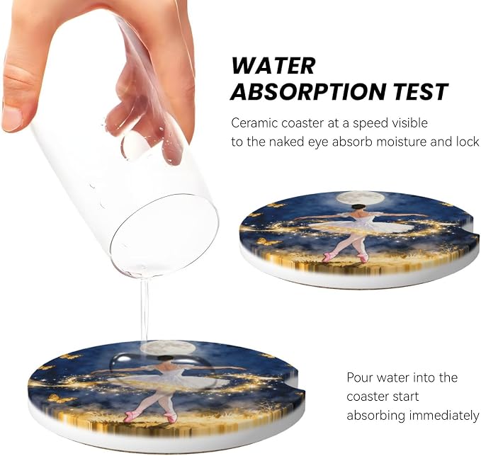 Ballet Dancer Golden Butterfly Moon Forest 2 Pack Car Cup Holder Coasters Absorbent Ceramic Drink Coasters 2.56" Anti Slip Cup Mat with Cork Base and Finger Notch Auto Accessories Interior