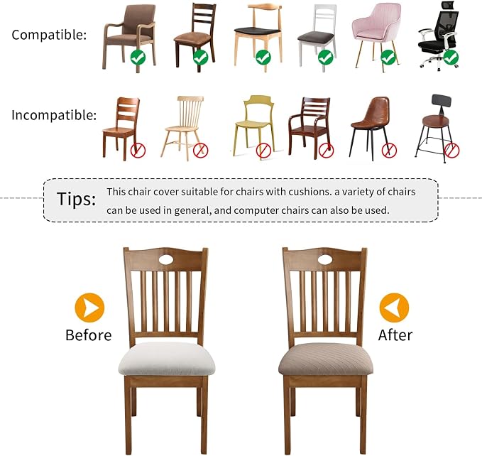 Fuloon Stretch Chair Seat Covers 6 PCS, Removable Washable Dining Chair Covers Anti-Dust Dining Room Seat Cushion Slipcovers (6, Khaki)