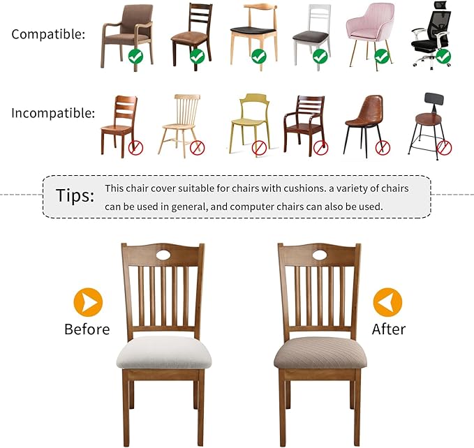 Fuloon Stretch Chair Seat Covers 4 PCS, Removable Washable Dining Chair Covers Anti-Dust Dining Room Seat Cushion Slipcovers (4, Khaki)