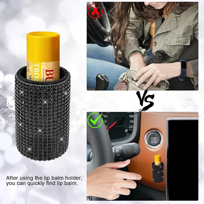 Upright Car Chapstick Holder, Bling Insulating Lip Balm Holder,Rhinestone Car Accessories for Women Interior ,Suitable for Most Vehicles. (Black)