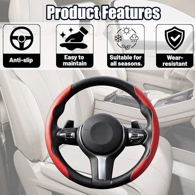 2PCS Car Steering Wheel Cover, 14.5-15" Breathable Nappa Leather Segmented Steering Wheel Protector with Non-Slip Grip, Stylish Auto Interior Decor Accessories, Universal for Vehicles (Red)