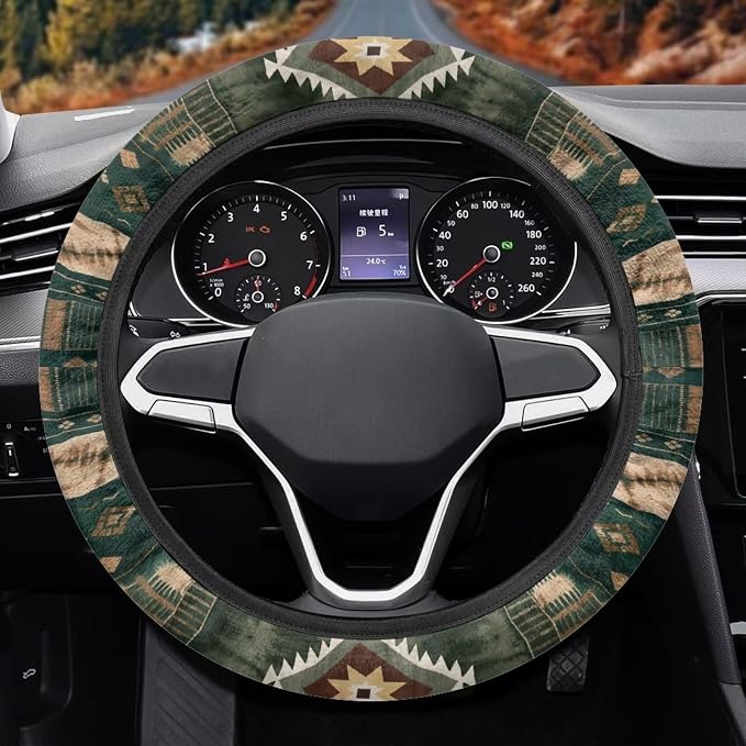 Wanyint Car Steering Wheel Cover Universal 15 Inch Steering Wheel Protector Auto Accessories Decor Anti-Slip Washable Universal Fit Most Vehicles, Southwest Aztec Dark Green