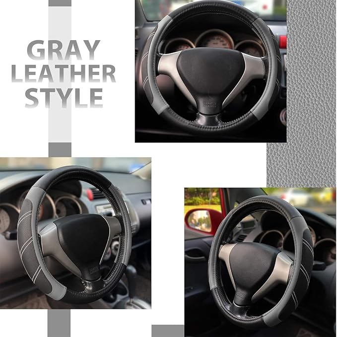 Car Steering Wheel Cover, 15 Inch Leather Breathable Auto Wheel Protection Cover with Non-Slip Lining, Padded Soft Grip Vehicle Steering Protector, Universal Fit (Black/Gray)