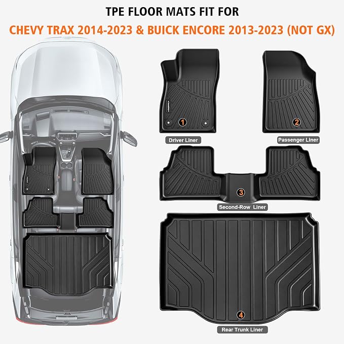 All Weather Floor Mats Cargo Liner for Chevy Trax 2014-2023 & Buick Encore 2013-2023 (Not GX), TPE Rubber Floor Liners Anti-Slip Full Set Automotive Mats for Chevy Trax & for Buick Encore Accessories