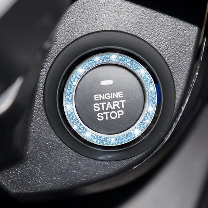 Car Bling Crystal Rhinestone Engine Start Ring Decals, 2 Pack Car Push Start Button Cover/Sticker, Key Ignition Knob Bling Ring, Sparkling Car Interior Accessories for Women (Blue)