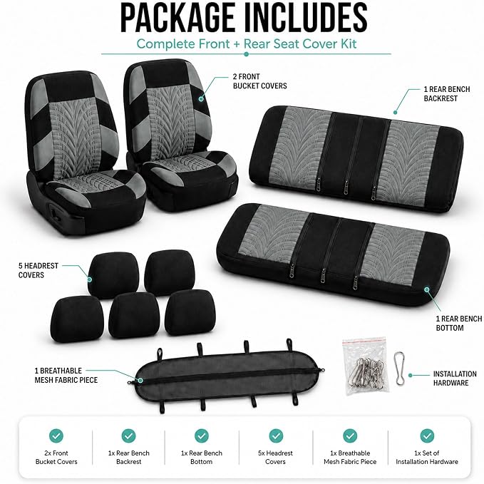 FH Group Full Set Travel Master Car Seat Covers, Airbag and Split Rear Car Seat Cover Universal Fit Interior Accessories for Cars Trucks SUV, Automotive Seat Covers, Gray