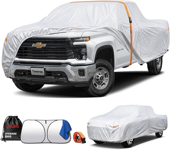 Truck Cover Waterproof All-Weather,Outdoor Pickup Covers(Length 251-262 inch) with Windshield Sun Shade Universal Fit Tacoma, Tundra, F-150, RAM 1500 etc,Size T7 (See Size Chart)