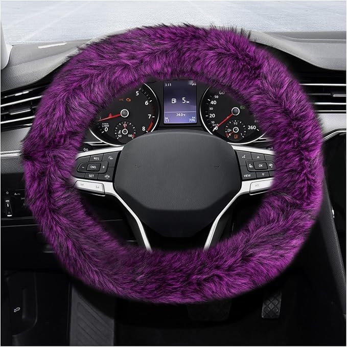 Fluffy Steering Wheel Cover, 15 Inch Anti-Slip Microfiber Plush Fuzzy Steering Wheel Cover, Winter Warm Elastic Fuzzy Steering Wheel Covers for Women and Men, Car Accessories (Purple)