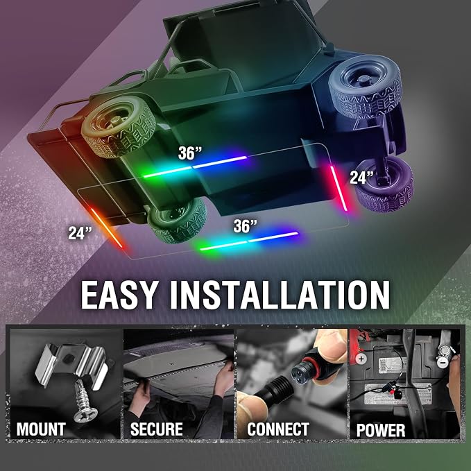 OPT7 Aura DreamColor 12V Golf Cart Underglow Chasing Light w/APP & Remote | Waterproof Rigid Aluminum Case, RGB-IC LED Bar, Sound Sync Lighting, Outdoor Accent Lights, EZGO Yamaha Club Car Accessories