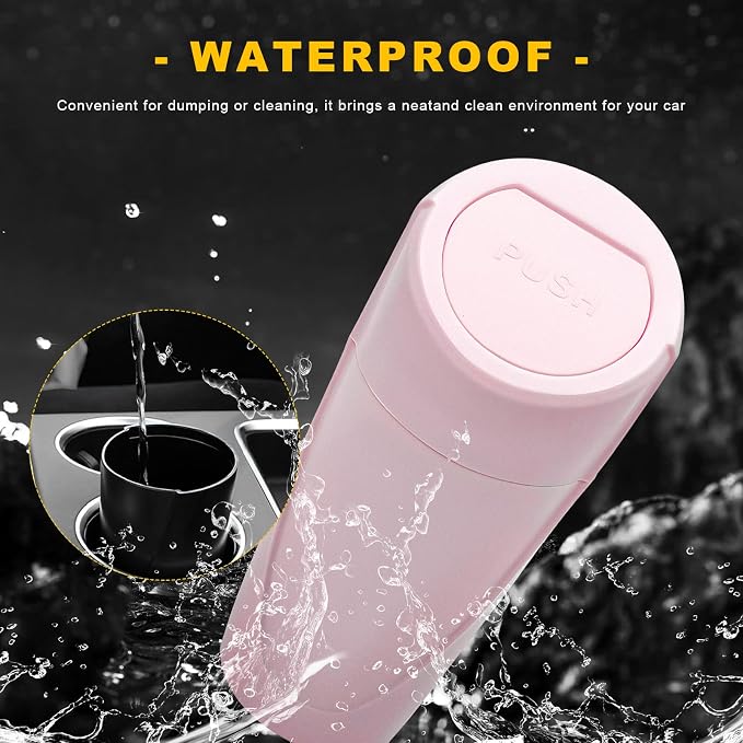Car Trash Can Bin with Lid, Leakproof Portable Garbage Trash Bin Mini Cup Holder Organizer, Automotive Interior Dustbin Multipurpose Storage Container for Car Home Office (Pink)