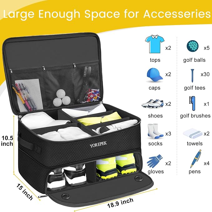 YOREPEK Golf Gifts for Men, 2 Layer Golf Trunk Organizer for 2 Pair Shoes | Waterproof Car Trunk Locker with Separate Ventilated Compartment for Balls, Tees, Clothes, Gloves, Birthday Gifts for Golfers