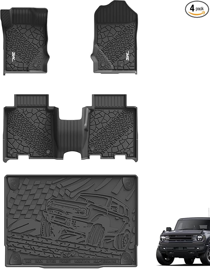 3W Floor Mats & Cargo Liner Fit for 2021-2025 2026 Ford Bronco 4 Door, TPE All Weather Custom Fit Floor Liner 1st 2nd Row and Full Set Trunk Mats, Black (Not for Bronco Sport & Rubberized Floor)
