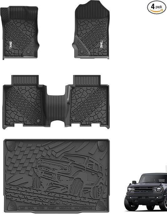 3W Floor Mats & Cargo Liner Fit for 2021-2025 2026 Ford Bronco 4 Door, TPE All Weather Custom Fit Floor Liner 1st 2nd Row and Full Set Trunk Mats, Black (Not for Bronco Sport & Rubberized Floor)