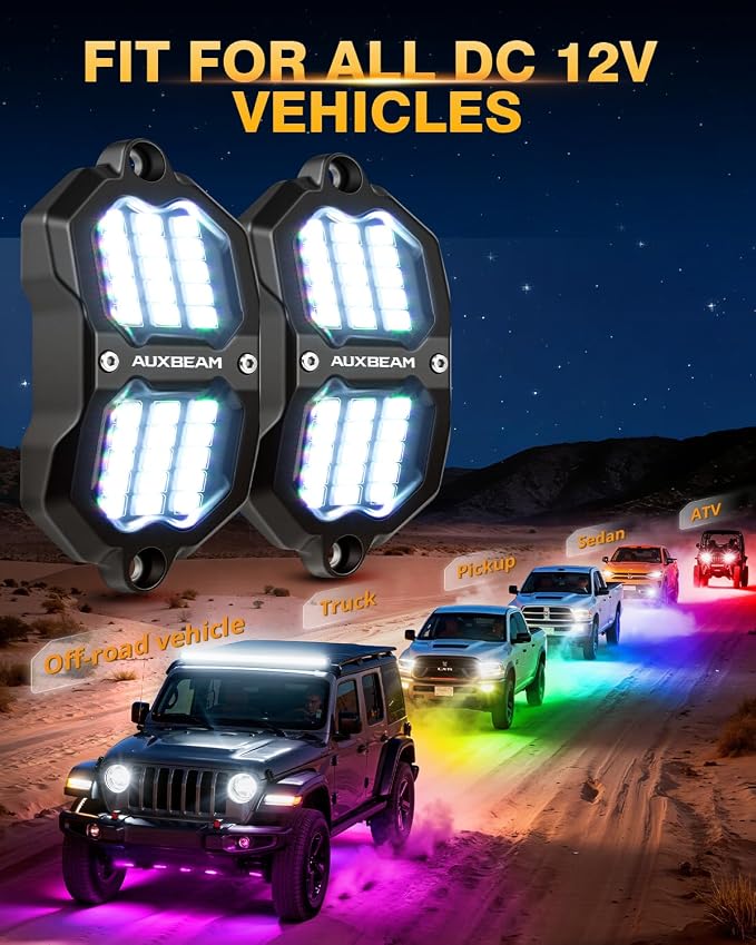 Auxbeam 4-Pod RGB LED Rock Lights with Brake Mode 213° Dual-Side Lighting Dynamic Color Changing Underglow Kit w/Bluetooth APP+Remote Control Music Voice Sync Waterproof for Truck ATV 2 Year Warranty