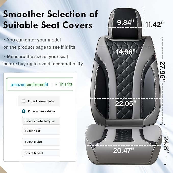 Coverado Car Seat Covers, Seat Covers Full Set, Gray and Black Car Seat Cover, Perforated Diamond Leather Seat Covers for Cars, Luxury Car Seat Cushion, Auto Seat Covers Universal Fit Most Cars