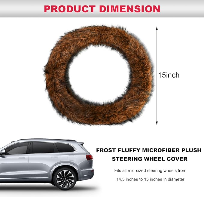 Fluffy Steering Wheel Cover, 15 Inch Anti-Slip Microfiber Plush Fuzzy Steering Wheel Cover, Winter Warm Elastic Fuzzy Steering Wheel Covers for Women and Men, Car Accessories (Brown)