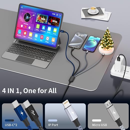 4 in 1 Multi Charging Cable, 2 Pack 6FT Charging Cords for Multiple Devices | USB C Car Charger Cable with Dual USB-C, IP & Micro Ports, Nylon Braided Travel Charging Cord for Multiple Devices