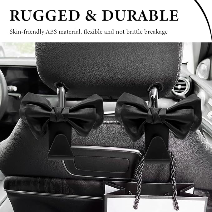 2 PCS Car Seat Headrest Hooks, Cute Bow Shaped Vehicle Backseat Purse Holder Storage Hook, Bow Knot Seat Back Hooks Hanging Organizer for Coat Umbrellas Grocery Bag (Black)