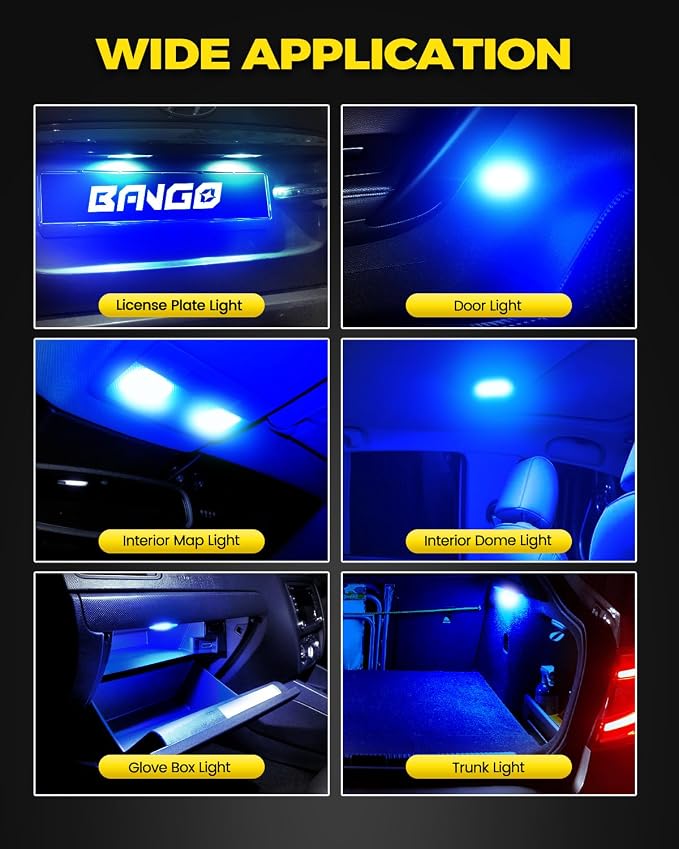 BANGO 194 LED Bulb, Super Bright 168 T10 2825 W5W LED Replacement Bulbs for Car Interior Dome Map Door Courtesy Trunk Side Marker License Plate Lights, Blue (Pack of 10)