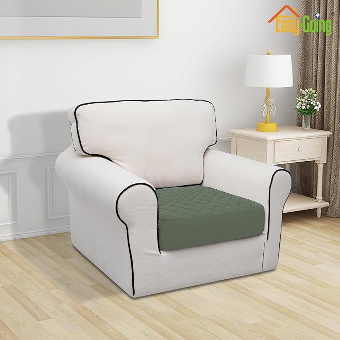Easy-Going Waterproof Chair Cushion Cover, Non-Slip Leakproof Sofa Seat Cushion Slipcovers, Quilted and Stretch Furniture Protector for Dogs, Pets (1-Piece Chair Cushion, Grayish Green)