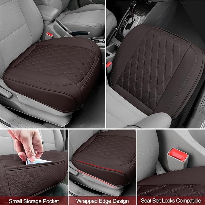 BEITK 1 Pack Leather Front Car Seat Cover Bottom Car Seat, Anti-Slip and Full Wrap Driver Car Seat Protectors, Luxury Waterproof Bottom Auto Seat Cushion Pad Mat for Most Vehicles(Red)