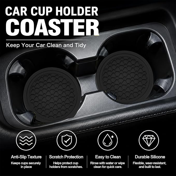 4PCS Car Cup Holder Coasters - 2.75 Inch Non-Slip Insert Water Bottle Holder Pads, Dustproof Automotive Interior Accessories Mat, Universal for Vehicles, Trucks, RVs (Black)