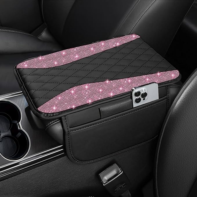 NBTEPEM Bling Pink Car Center Console Cover, Leather Middle Console Cover with 2 Storage Bags, Universal Arm Rest Cover Protector, Bling Car Accessories Interior Fit for Most Vehicles, Pink Diamond