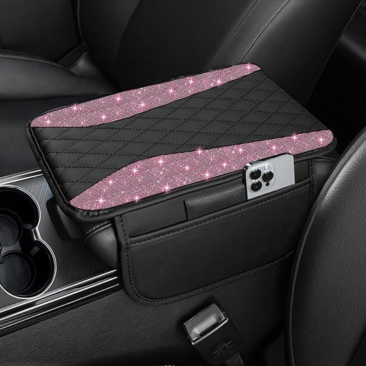 NBTEPEM Bling Pink Car Center Console Cover, Leather Middle Console Cover with 2 Storage Bags, Universal Arm Rest Cover Protector, Bling Car Accessories Interior Fit for Most Vehicles, Pink Diamond