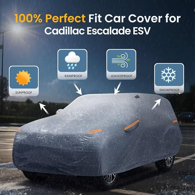 Large SUV Car Cover for Cadillac Escalade ESV 100% Waterproof All Weather, Heavy Duty Outdoor Full Exterior Covers Rain Sun Wind UV Protection.