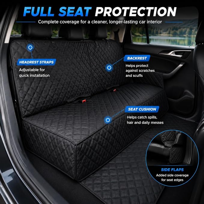 Dog Car Seat Cover & Protector, Pet Back Seat Cover for Cars & SUVs, 54" | Fits compact SUVs, EVs & sedans; protects rear bench and car interior from pet hair, kid spills, baby boy messes, and stains.