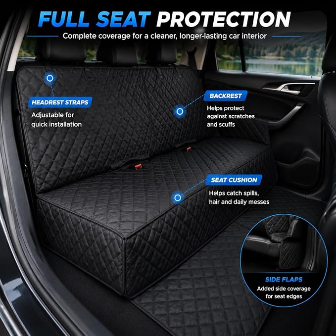 Dog Car Seat Cover & Protector, Pet Back Seat Cover for Cars & SUVs, 62" | Waterproof rear seat cover for dogs, kids & baby boys; fits large SUV & trucks and protects seats from fur & spills.