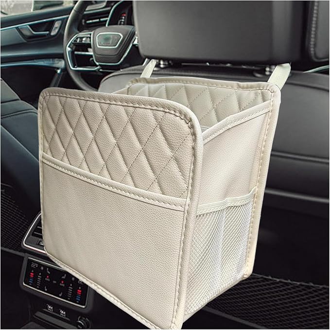 DXNQ Car Seat Back Organizer, Large Capacity Foldable Car Seat Back Hanging Bag with 3 Extra Pockets, Waterproof Leather Auto Seats Storage Organizer, Car Travel Essentials Accessories (White)