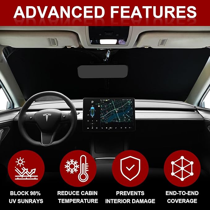 Car Windshield Sunshade for Tesla Model Y/3 - Folding Front Window Sun Shade Cover with Upgraded UV Protection Fabric, Professional Accessories for Tesla Model 3/Y 2016 to 2026 with a Storage Bag