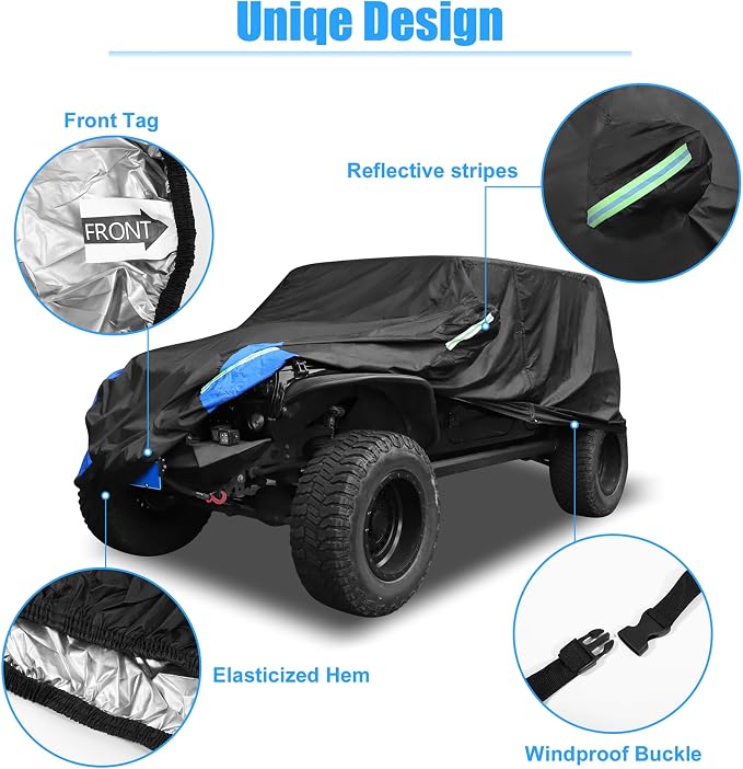 X AUTOHAUX for Jeep Wrangler Cover 2 Door Waterproof SUV Covers for Jeep Wrangler Unlimited Sport/Sahara/Rubicon JK JL TJ YJ All Weather Protection Outdoor Black Blue | for Jeep Wrangler Unlimited Sport Sahara Rubicon JK JL TJ YJ, All Weather Protectio...