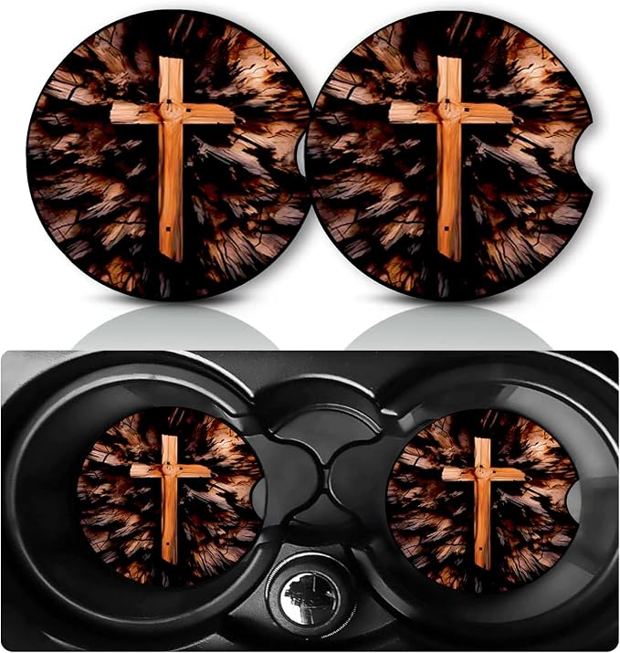 2 Pack Bible Cross Car Cup Holder Coasters Neoprene Anti Slip Rubber Mat | Christian Cross Car Accessories Interior Decor 2.75" Universal Size Insert Auto Coasters Religious Gifts for Women Men