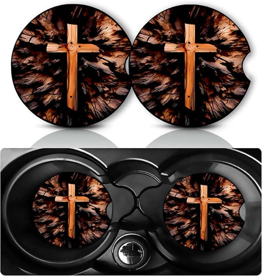 2 Pack Bible Cross Car Cup Holder Coasters Neoprene Anti Slip Rubber Mat | Christian Cross Car Accessories Interior Decor 2.75" Universal Size Insert Auto Coasters Religious Gifts for Women Men