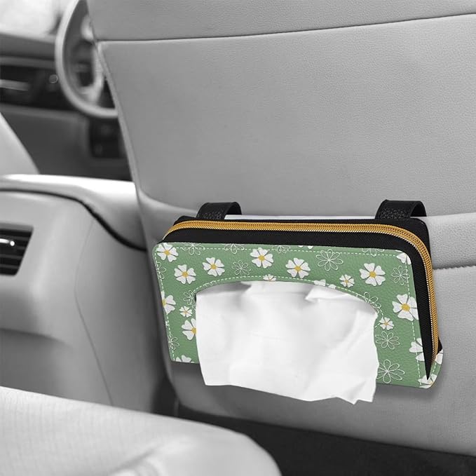 Daisies Backseat Tissue Case Holder Hanging Visor Tissue Holde PU Leather Tissue Box Napkin Holder Green