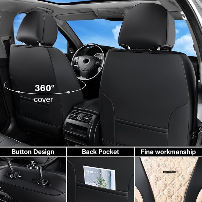 Coverado Seat Covers, Car Seat Covers Front Seats, Perforated Diamond Leather Car Seat Cover, Waterproof Car Seat Covers, 2 Pack Car Seat Protector Front Seat Cover Universal Fit Most Car, Black&Beige