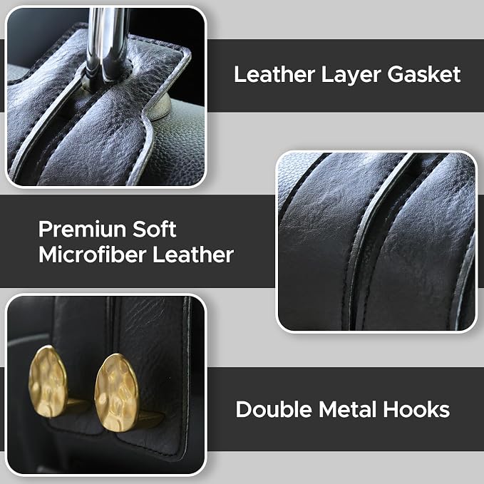 Leather Car Purse Hook for Headrest, 4 Pack (Black-Gold) | Twin Hooks Headrest Hangers, 2/4 Pack, No-Slip, Scratch-Proof, Holds Purses, Backpacks, Grocery Bags, Car Organizer Gift