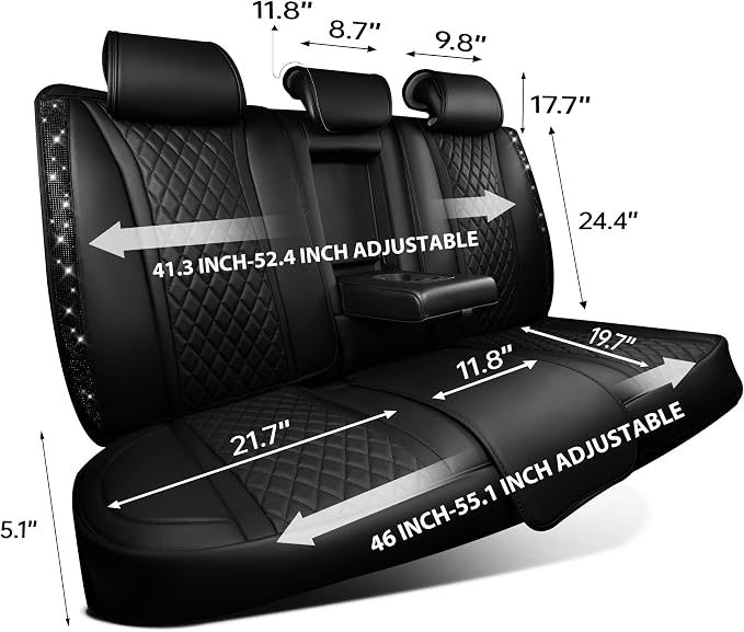 CAR PASS Bling Diamond Back Seat Covers, Nappa Leather Rear Seat Bench Cushion Waterproof Breathable Back Row Protector Universal Fit Car Sedan SUV Pickup Truck Shining Rhinestone Sparkle, Black