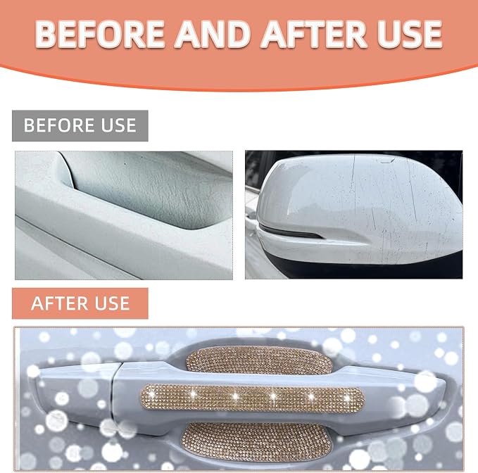 10 pcs Bling Diamond Car Door Handle Stickers, Bling Car Accessories for Women, Universal Rhinestone Crystal Glitter Door Handle Protector Stickers and Decals, Scratch Safety Reflective (Champagne)