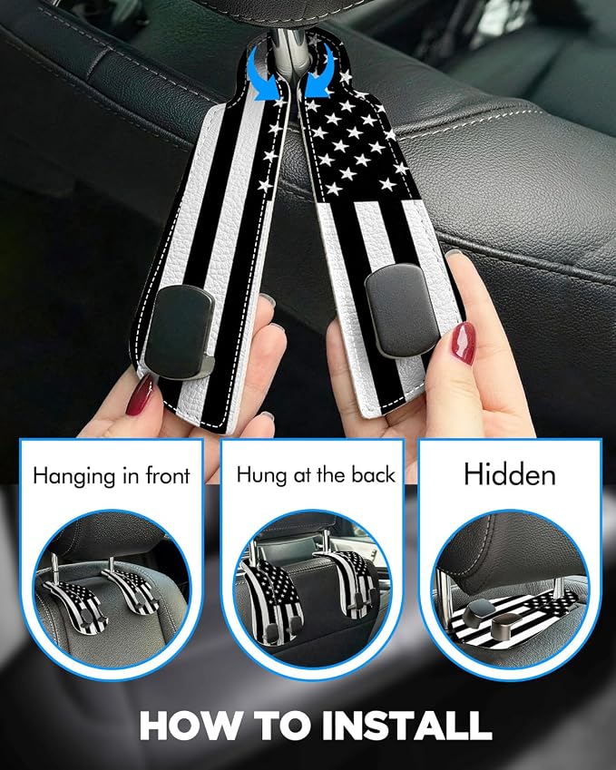 WOCOCN Purse Holder for Car, 2 Pack Heavy Duty Purse Hanger for Car, PU Leather Car Seat Hooks for Purses and Bags, Cute Flag Headrest Organizer for Handbags & Backpacks
