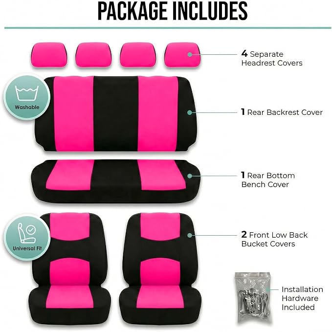 FH Group Car Seat Covers Full Set Cloth - Universal Fit Automotive Seat Covers, Low Back Front Seat Covers, Solid Back Seat Cover, Washable Car Seat Cover for SUV, Sedan and Van Pink