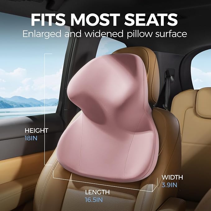 BEBAS Car Headrest Pillow, Ergonomic Neck Pillow with Memory Foam, Enlarged Surface for Head Neck Shoulder Support, Breathable Removeable Car Seat Pillow for Pain Relief(Pink, 1 Pack)